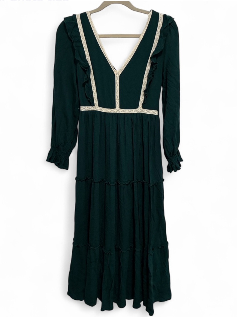 In Loom Forest Green V-Neck Lace Details Long Sleeve Midi Dress